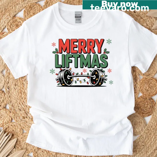Humorous Santa weightlifter illustration on T-shirt