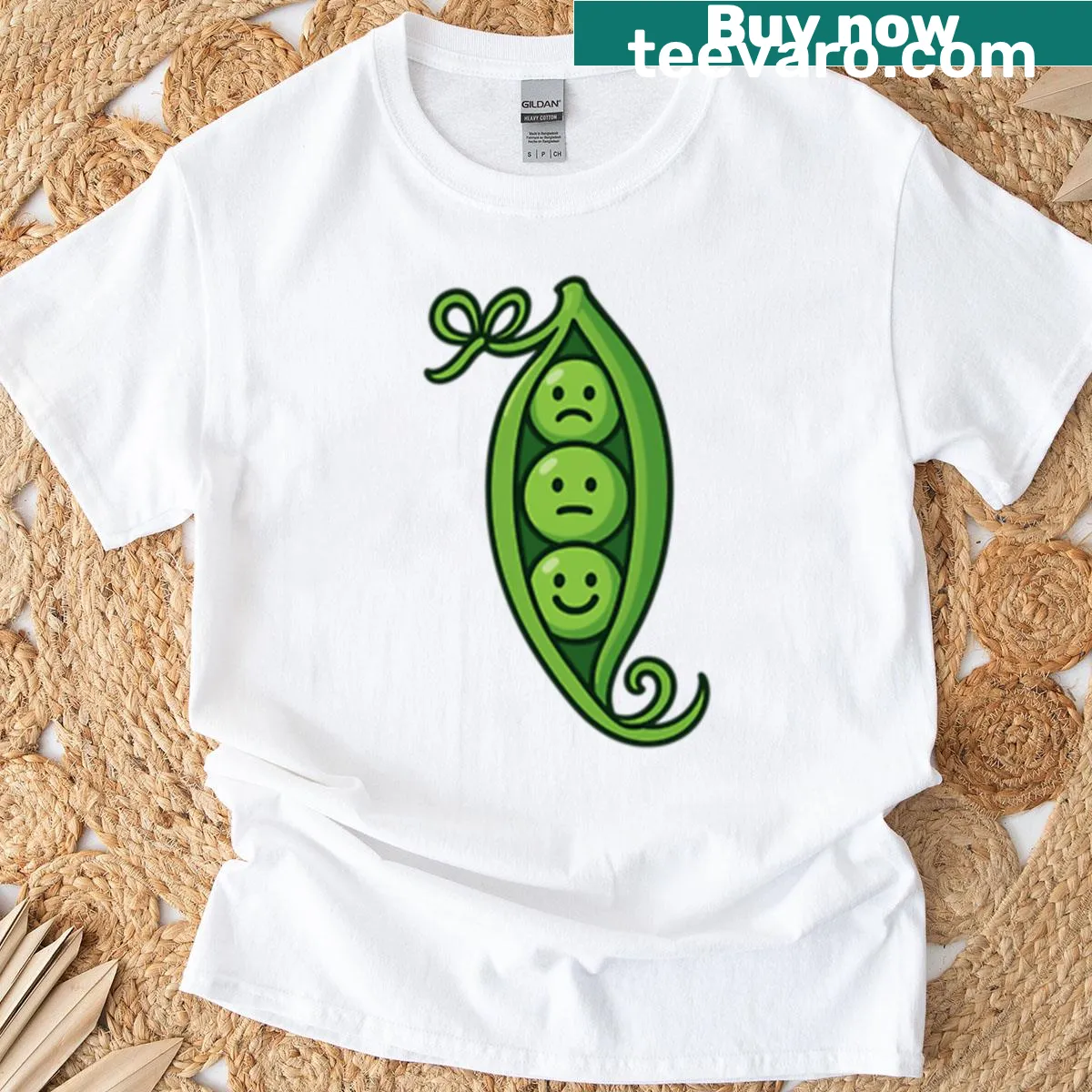 Whimsical T-shirt with cartoon peas showing mixed feelings — on a men's t-shirt