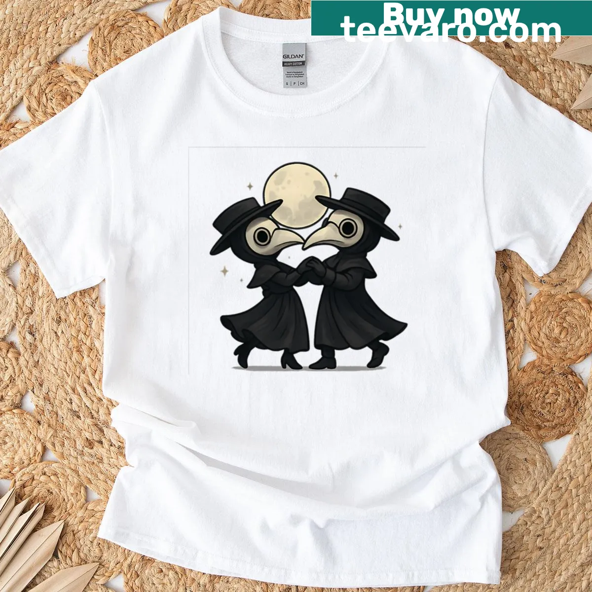 Gothic T-shirt with a moonlit plague doctor dancing — on a men's t-shirt