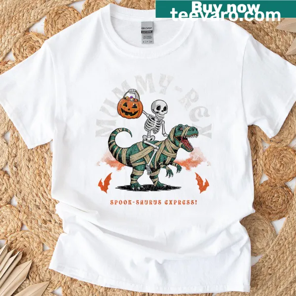 Cartoon design featuring a skeleton riding a T-rex titled 'Mummy-rex'