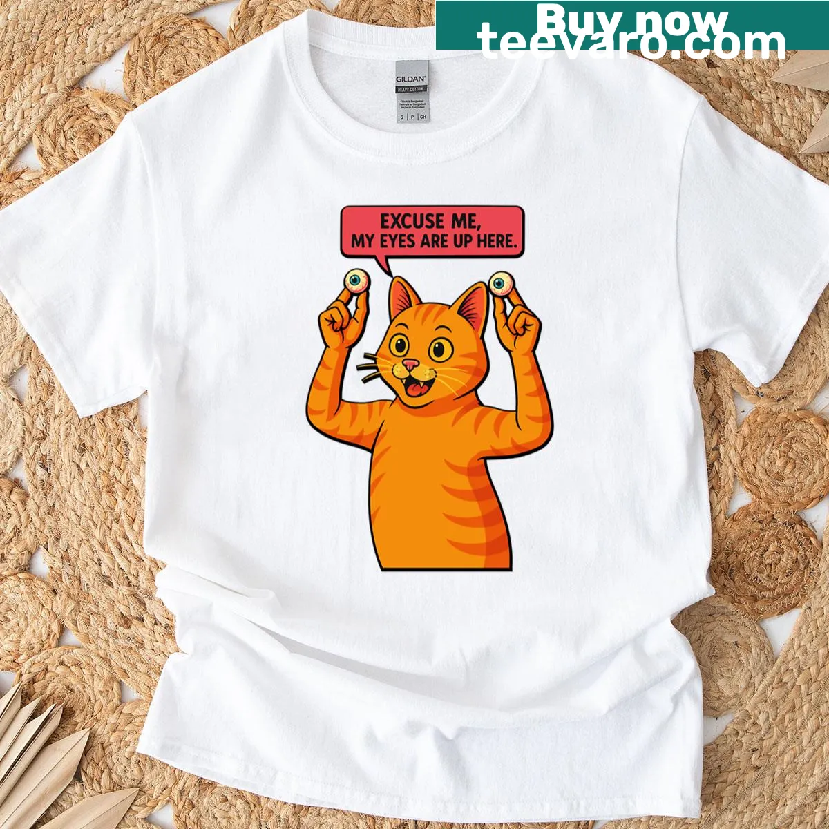 Funny Cat T-shirt with the phrase 'My Eyes Are Up Here' prominently printed — on a men's t-shirt