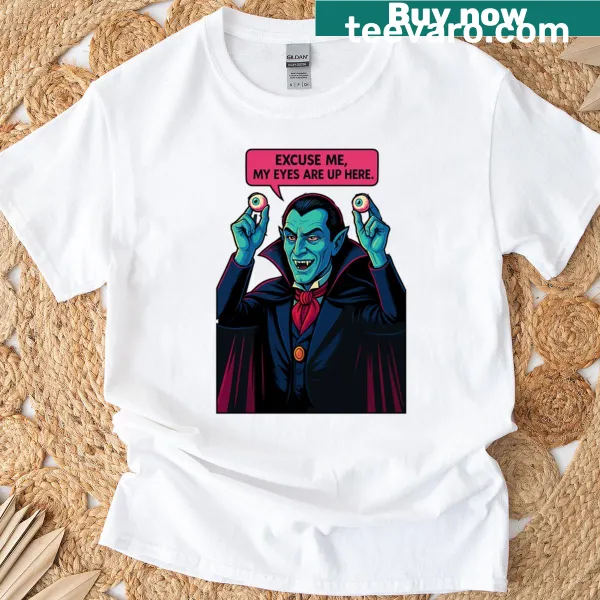 Vampire T-shirt with humorous phrase about eye level