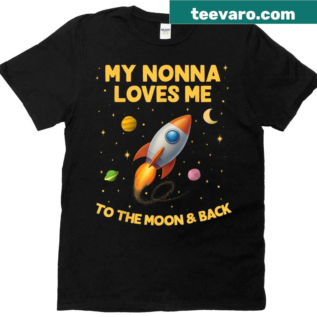 Rocket graphic T-shirt with the phrase 'My Nonna Loves Me To The Moon And Back' — on a men's t-shirt