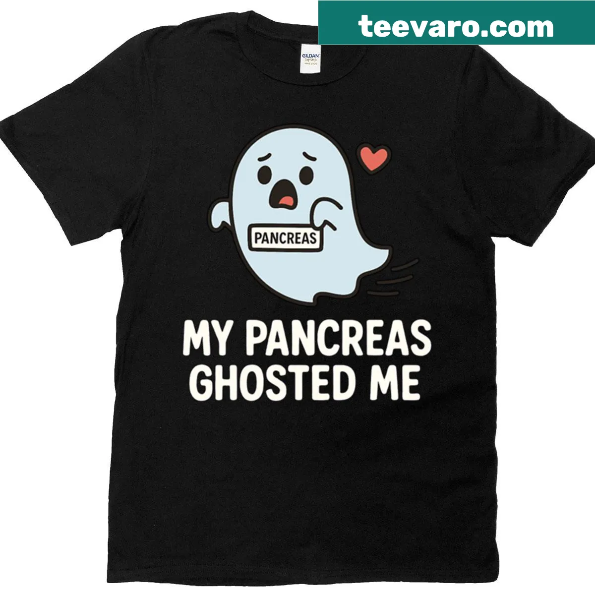 T-shirt with a cartoon ghost and the phrase 'My Pancreas Ghosted Me' — on a men's t-shirt