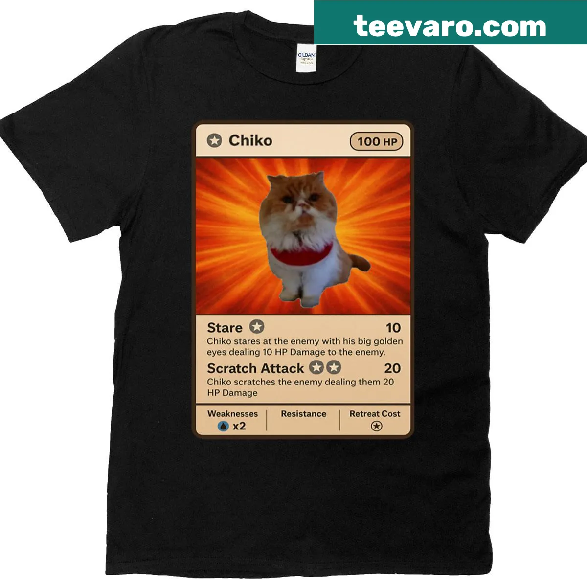 Illustrated trading card design featuring a pet cat — on a men's t-shirt