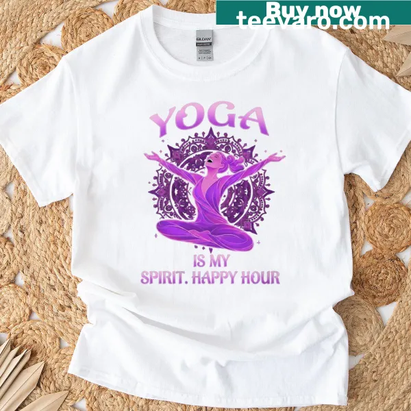 Hand-lettered T-shirt with Yoga Is My Happy Hour text