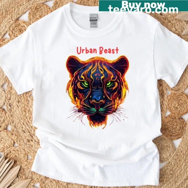 Urban design t-shirt featuring a fierce neon tiger face