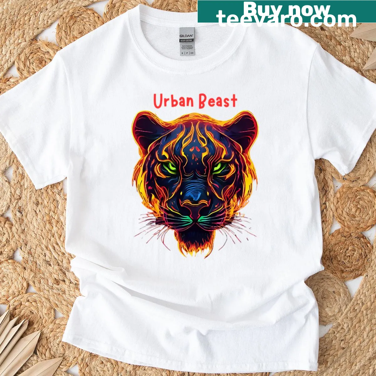 Urban design t-shirt featuring a fierce neon tiger face — on a men's t-shirt
