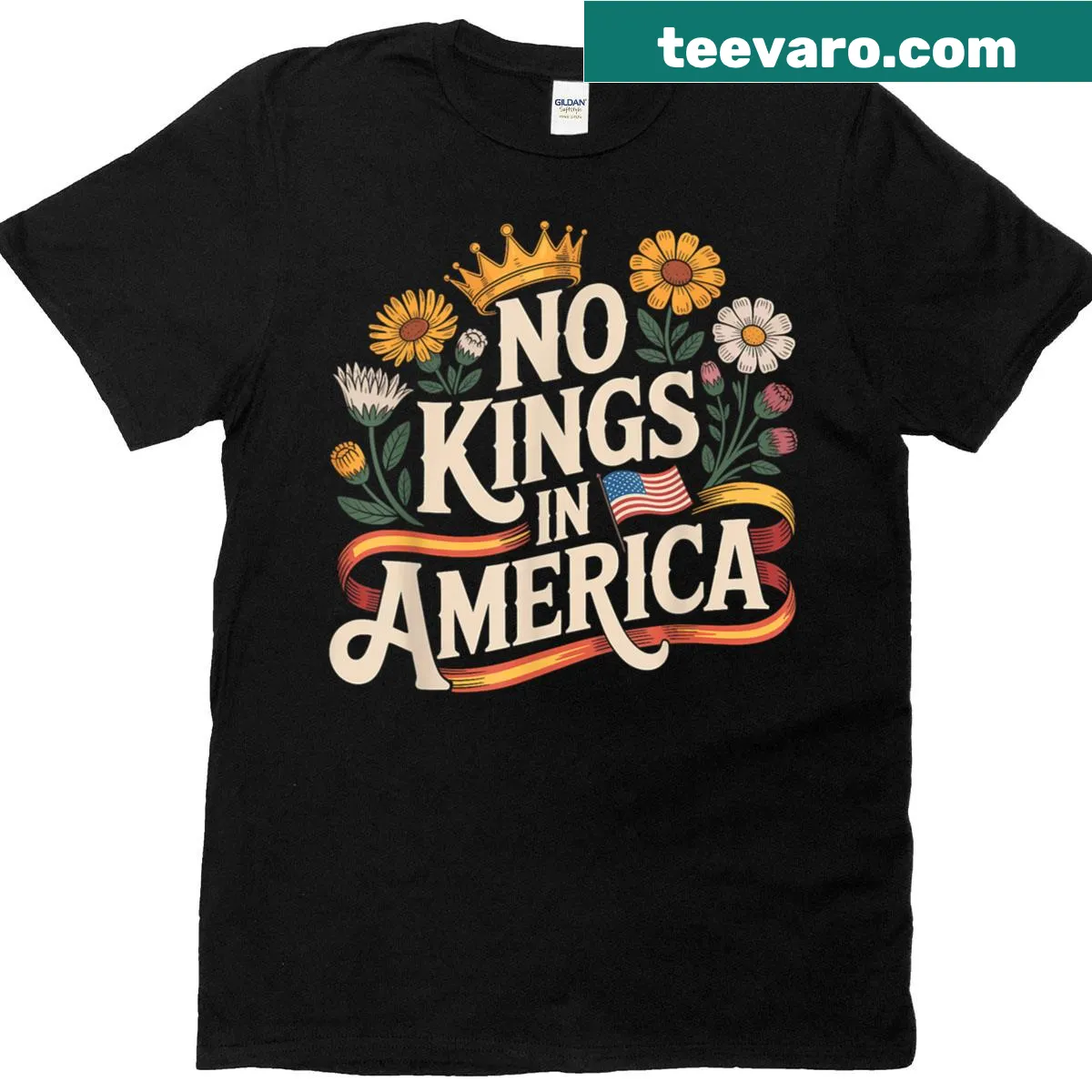 Graphic T-shirt with the phrase 'No King In America' in bold letters — on a men's t-shirt