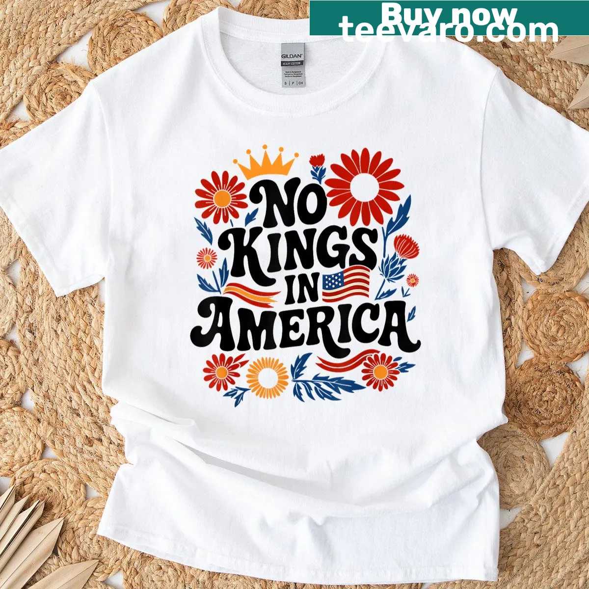 Patriotic 'No King In America' floral T-shirt design — on a men's t-shirt