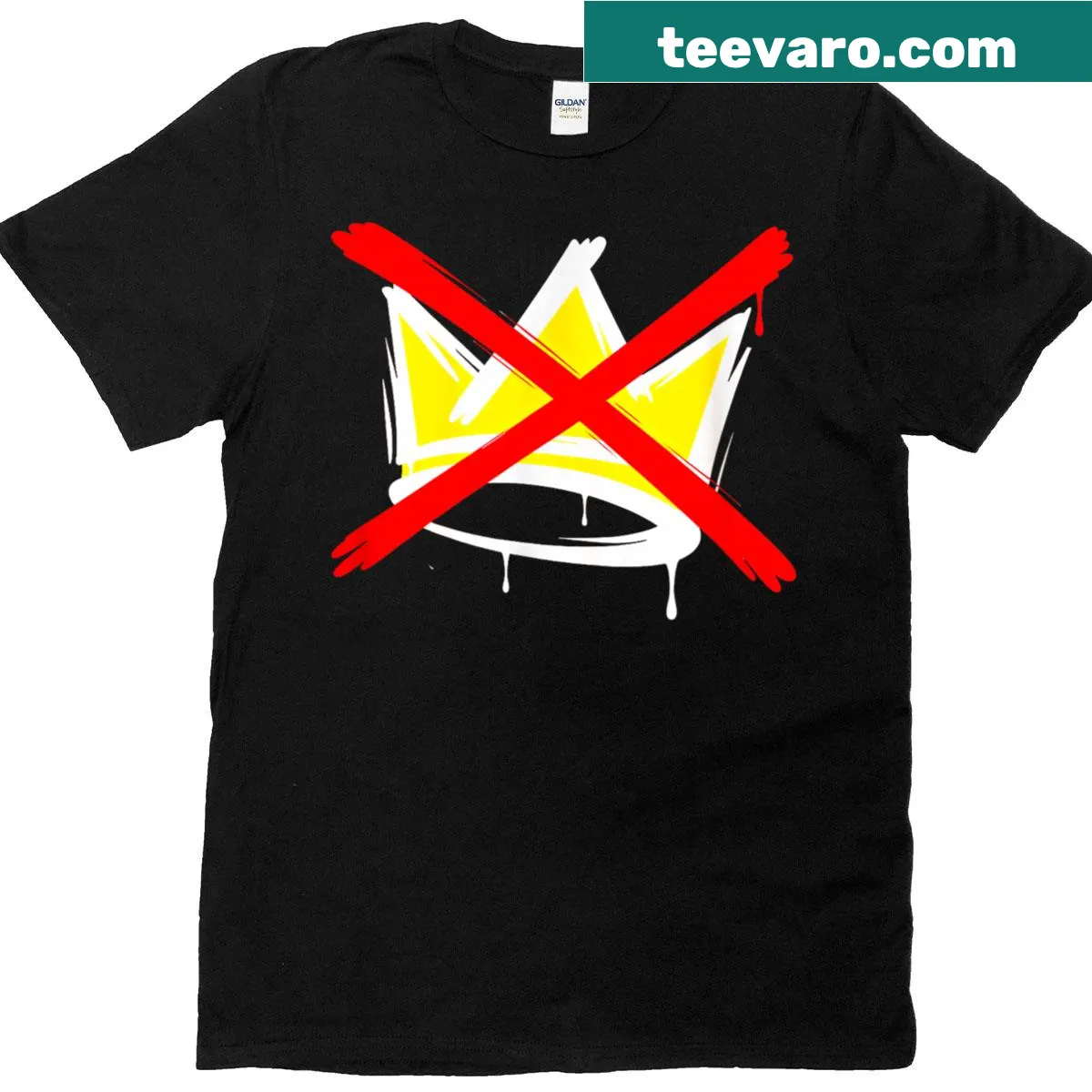 Vertical protest sign t-shirt with 'No King In America' text — on a men's t-shirt