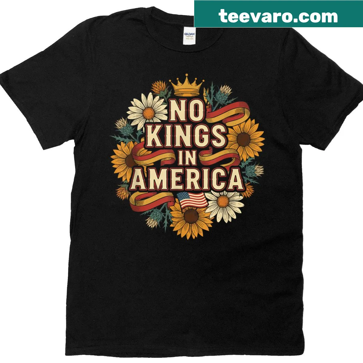 Bold revolution quote t-shirt reading 'No Kings In America' — on a men's t-shirt
