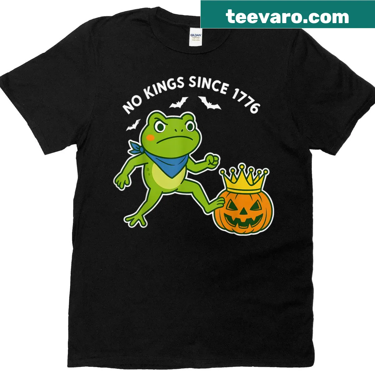 Playful No Kings frog graphic on T-shirt for activists — on a men's t-shirt