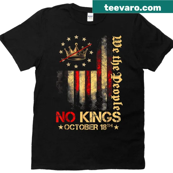 Vintage-style t-shirt featuring the American flag and 'No Kings' text