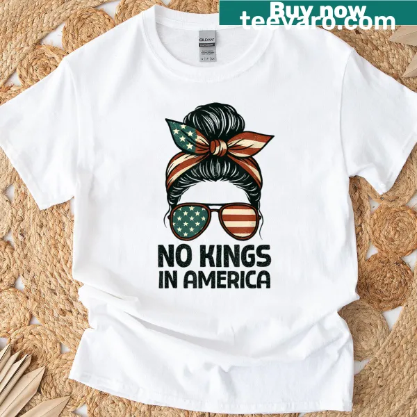 Text design featuring 'No Kings' above a messy bun graphic