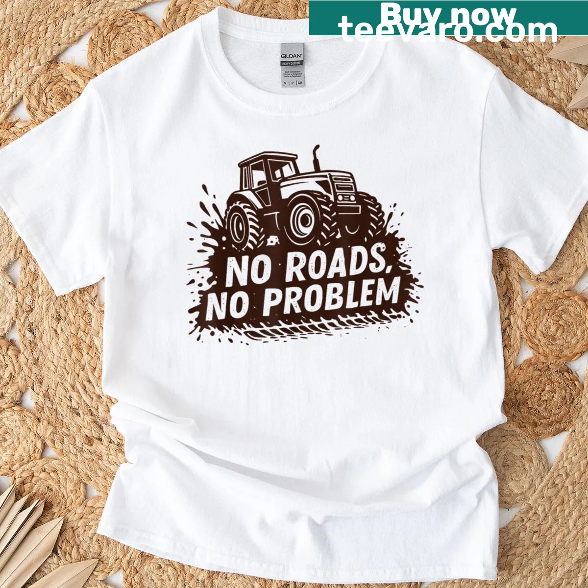Playful tractor graphic T-shirt with No Roads No Problem text — on a men's t-shirt