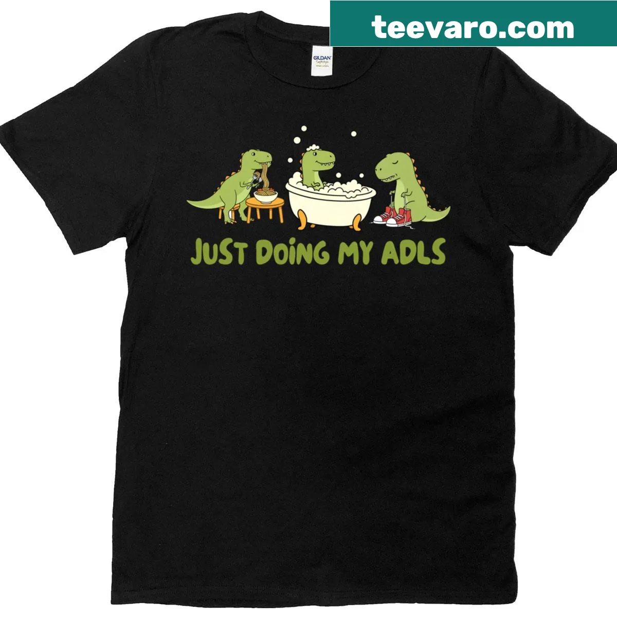 Dinosaur graphic T-shirt with the text 'Just Doing My ADLs' — on a men's t-shirt