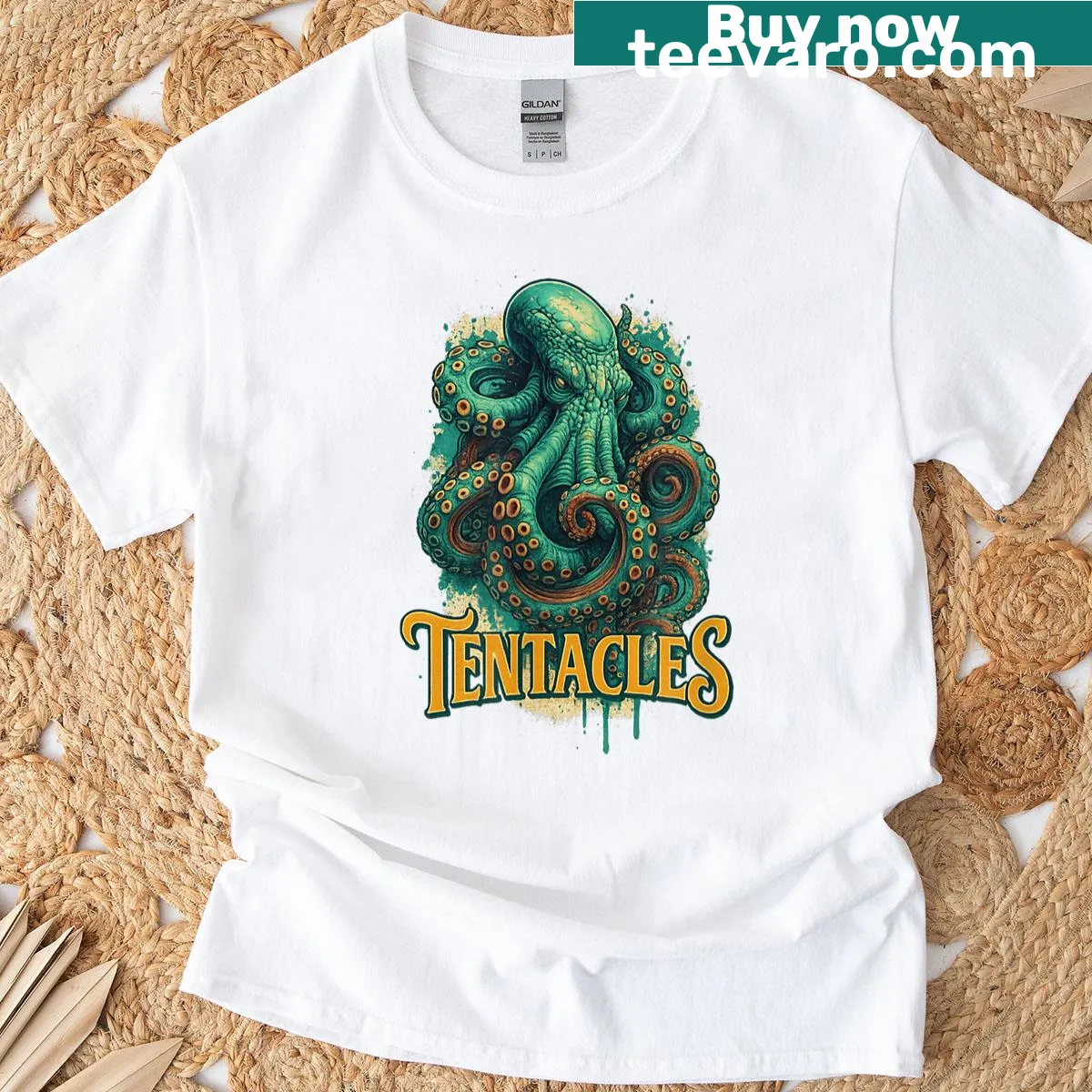 Vintage-style Kraken T-shirt with tentacle artwork — on a men's t-shirt