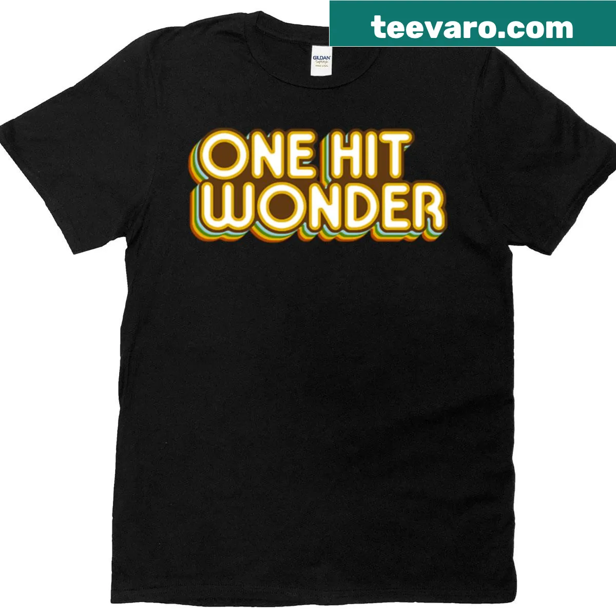 One Hit Wonder T-shirt featuring bold typography referencing music hits — on a men's t-shirt