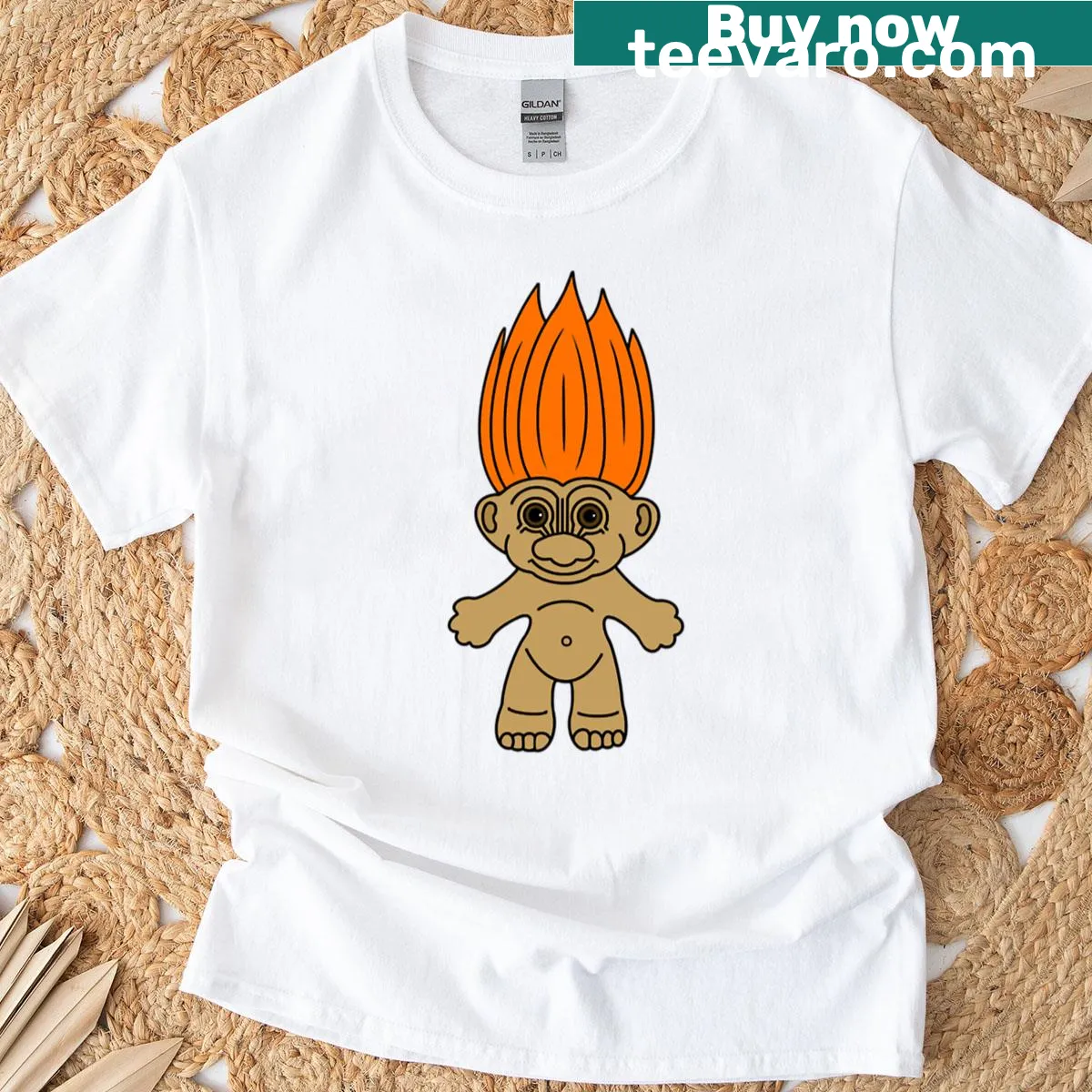 Whimsical troll doll graphic with orange hair on T-shirt — on a men's t-shirt