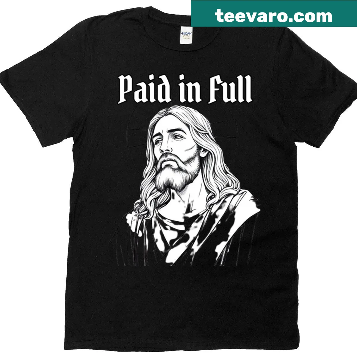 Christian faith T-shirt with 'Paid In Full' message — on a men's t-shirt