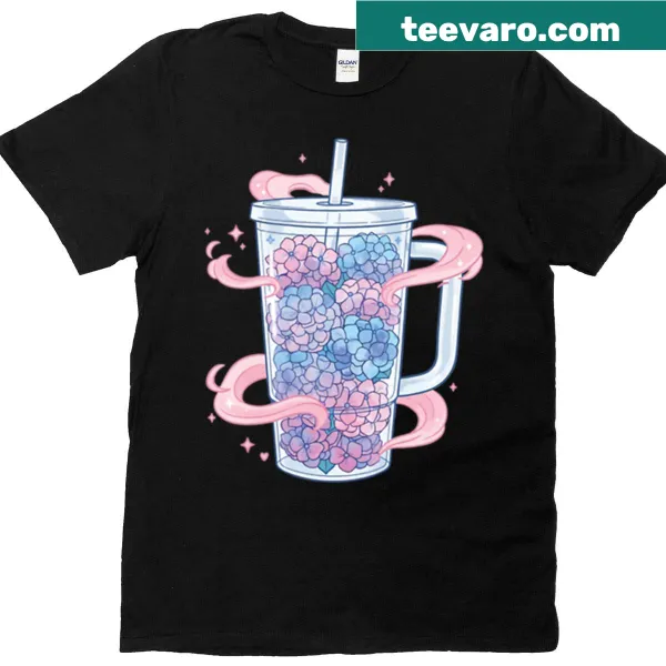Illustration of hydrangeas in a cup on a t-shirt