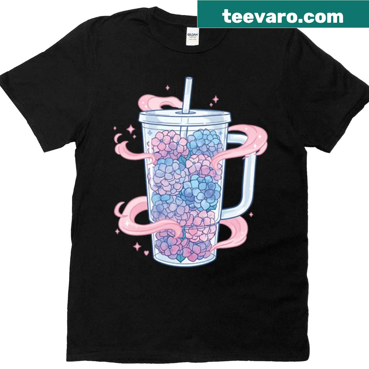 Illustration of hydrangeas in a cup on a t-shirt — on a men's t-shirt