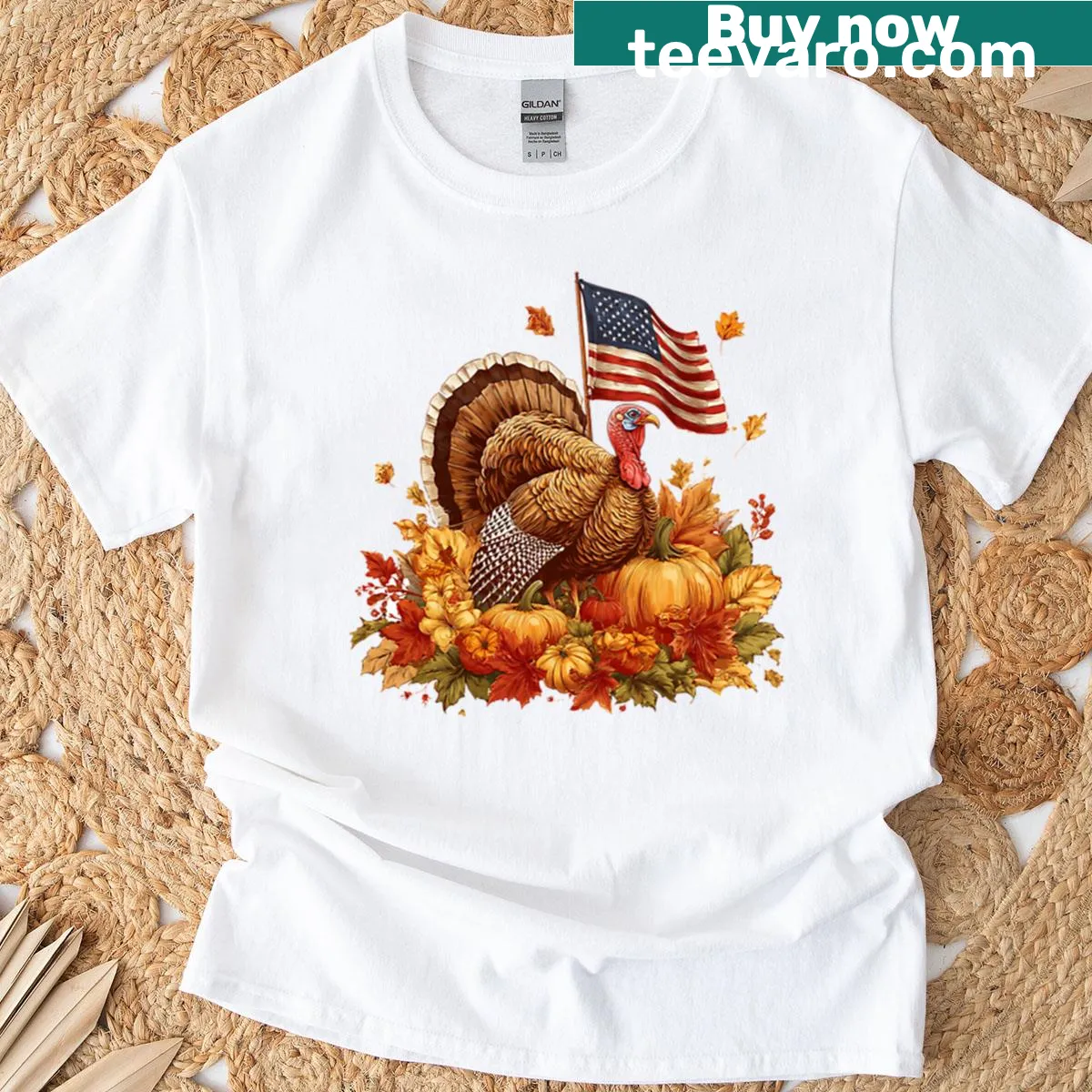 Turkey with American flag design on a Thanksgiving T-shirt — on a men's t-shirt