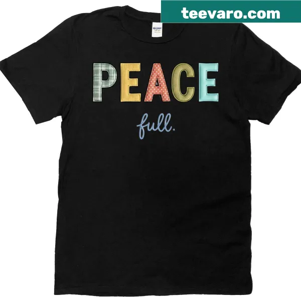Patchwork 'Peace' typography design on a t-shirt