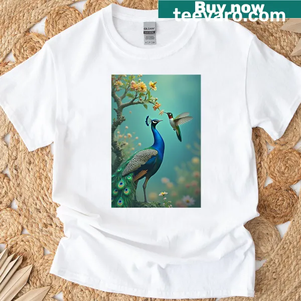 Illustrated t-shirt featuring a peacock and hummingbird
