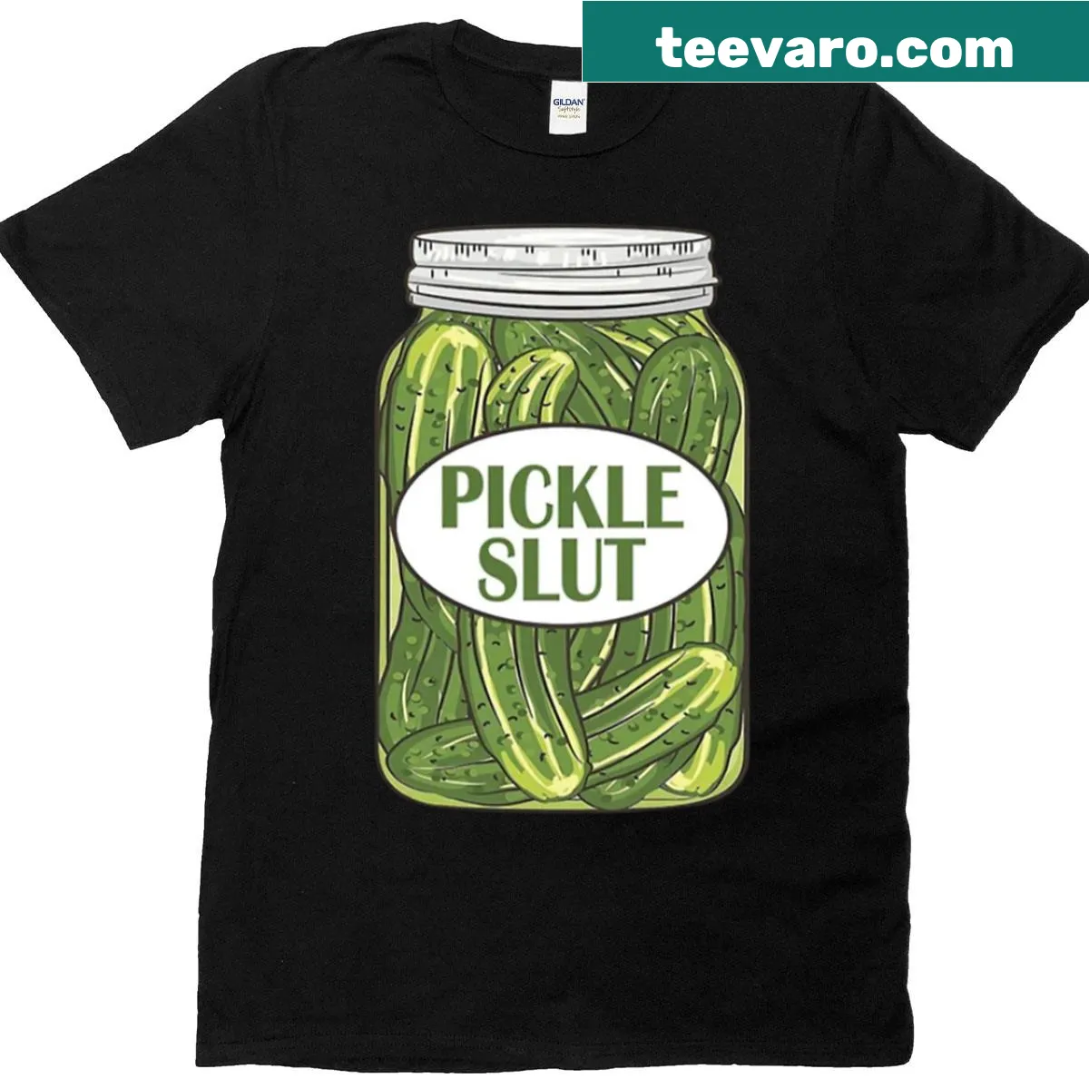 T-shirt featuring a funny pickle jar graphic and saying — on a men's t-shirt