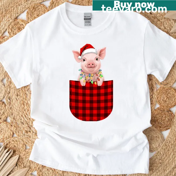 Funny Pig Buffalo plaid pocket Christmas T-shirt