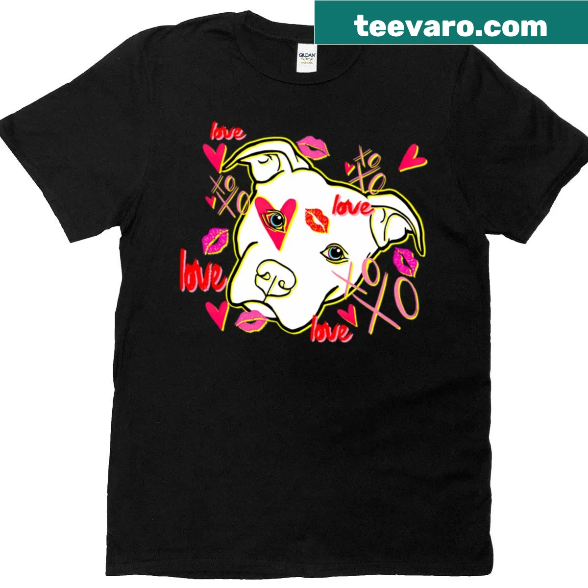 Cute t-shirt featuring an illustration of a Pittie giving hugs and kisses. — on a men's t-shirt