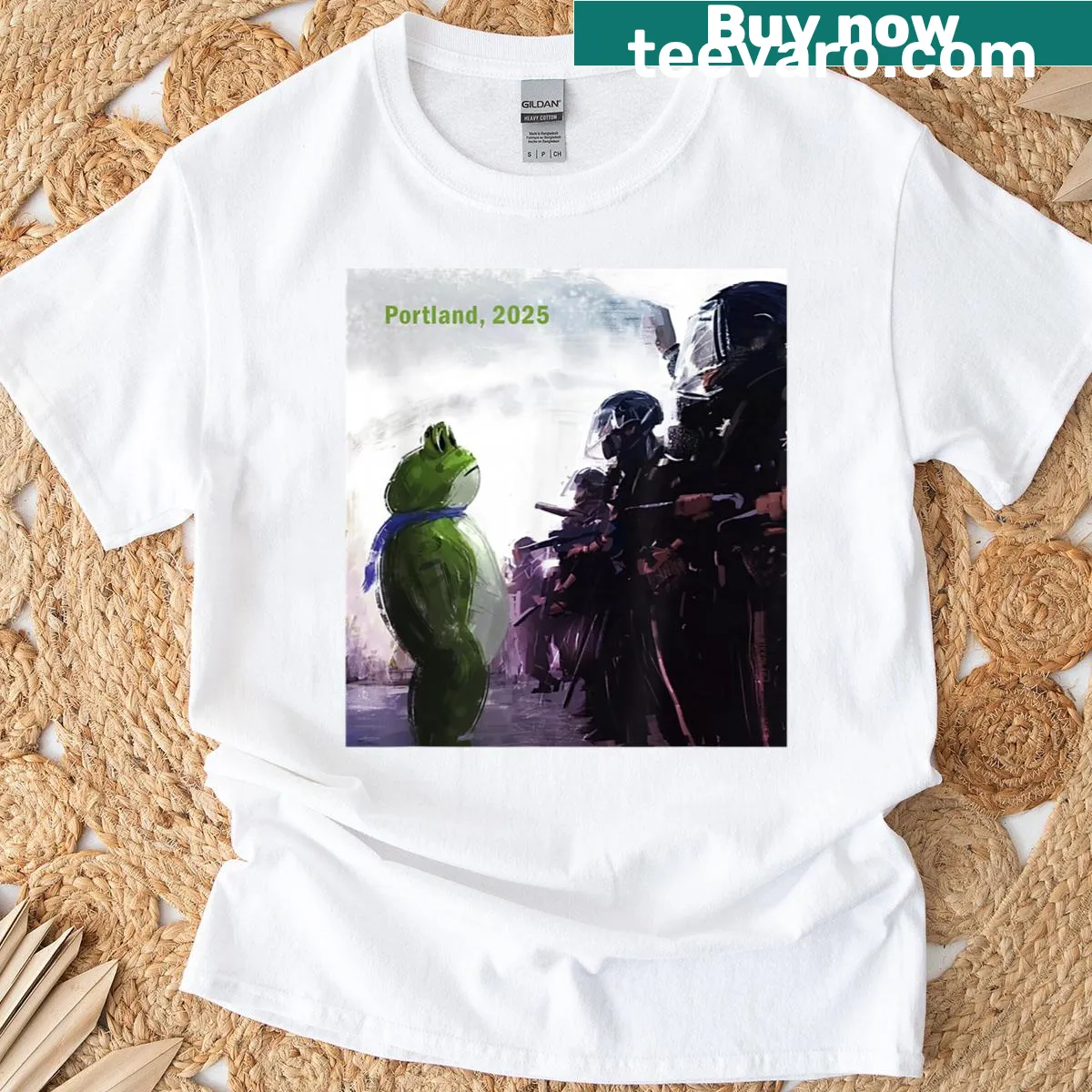 Portland frog protest art T-shirt with strong message — on a men's t-shirt