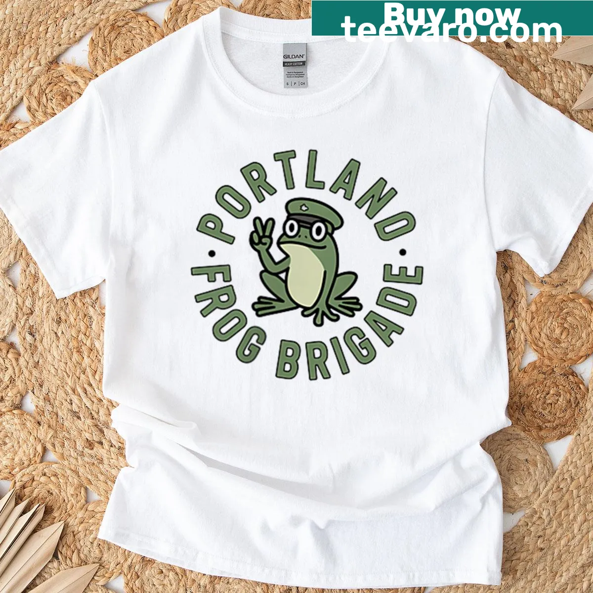 Graphic T-shirt featuring Portland Frog Brigade design for protest. — on a men's t-shirt