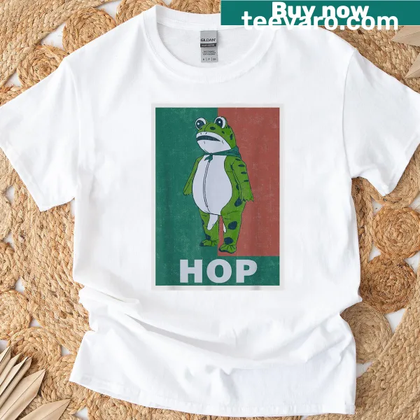 Playful Portland Frog Hop T-shirt featuring a frog illustration