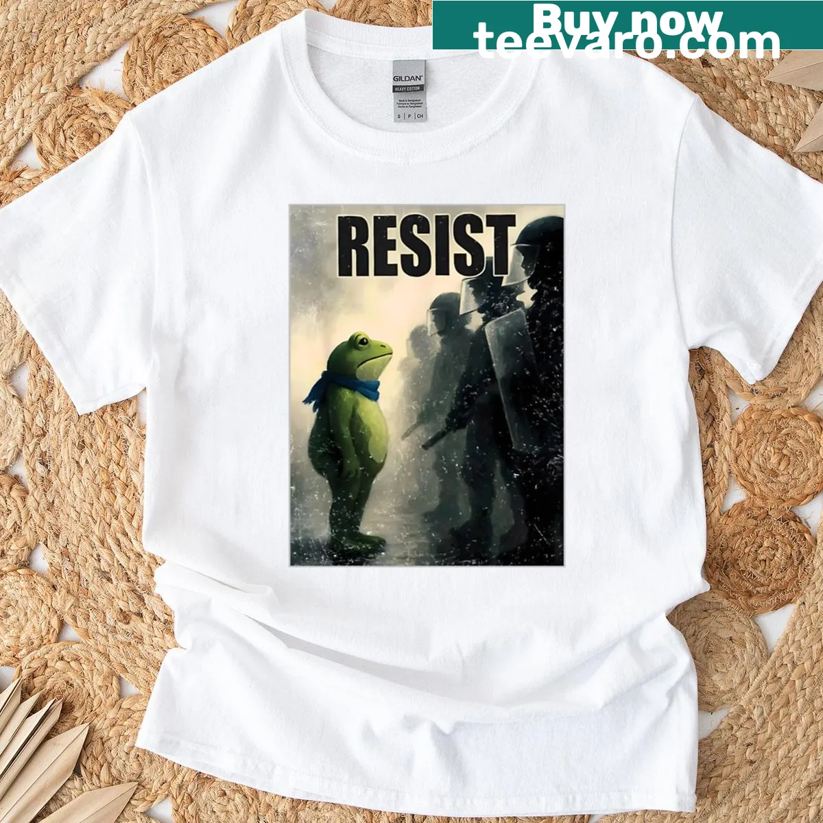 Vintage activist T-shirt featuring frogs with edgy messages — on a men's t-shirt