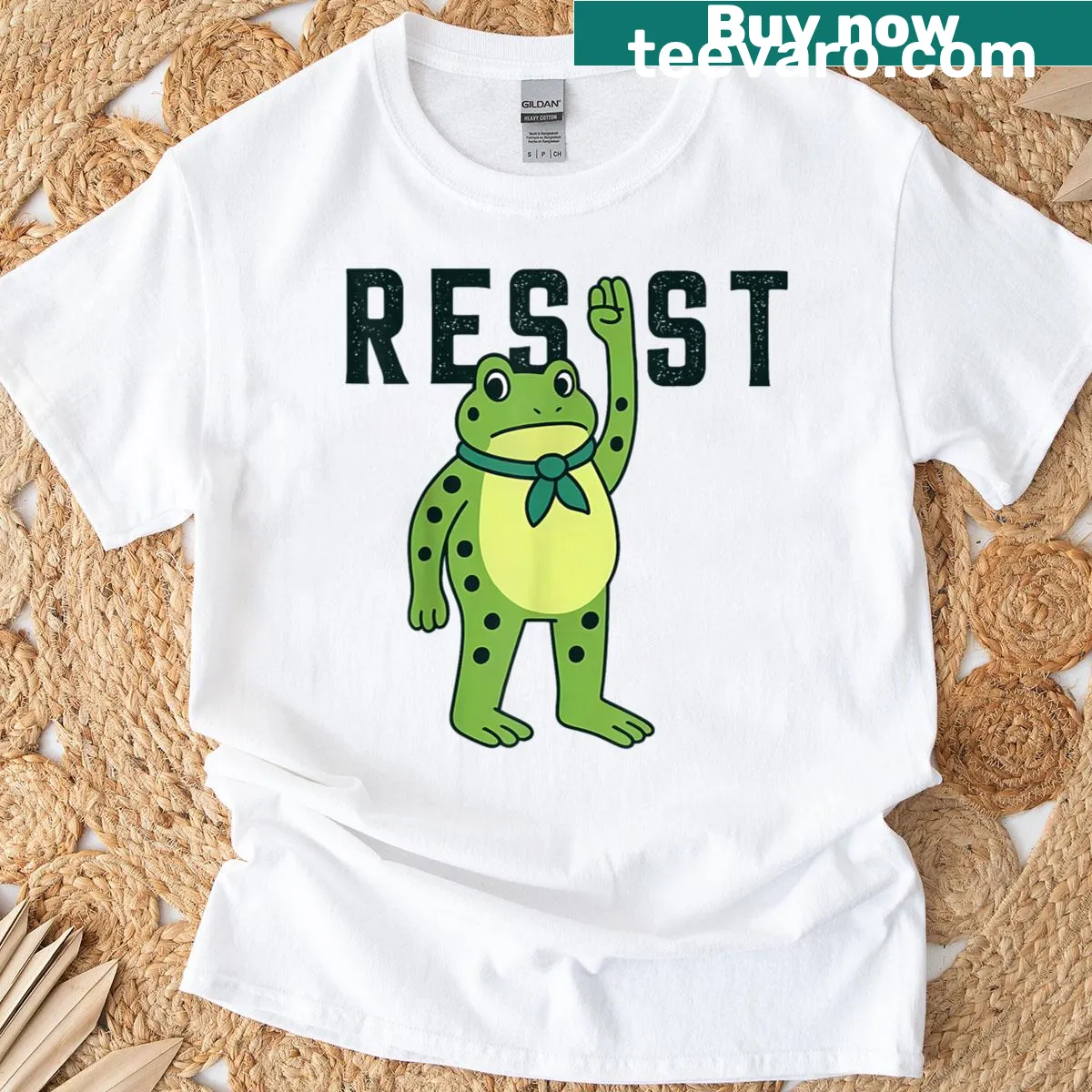 Playful frog protest illustration on t-shirt — on a men's t-shirt