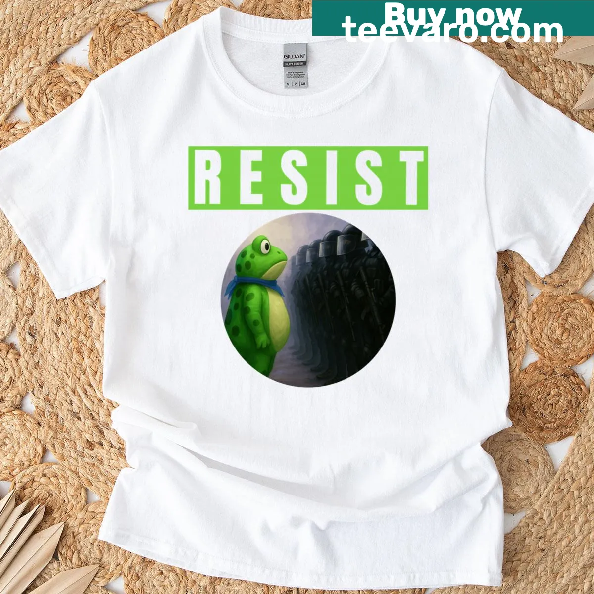 Satirical frog emblem t-shirt promoting activism — on a men's t-shirt