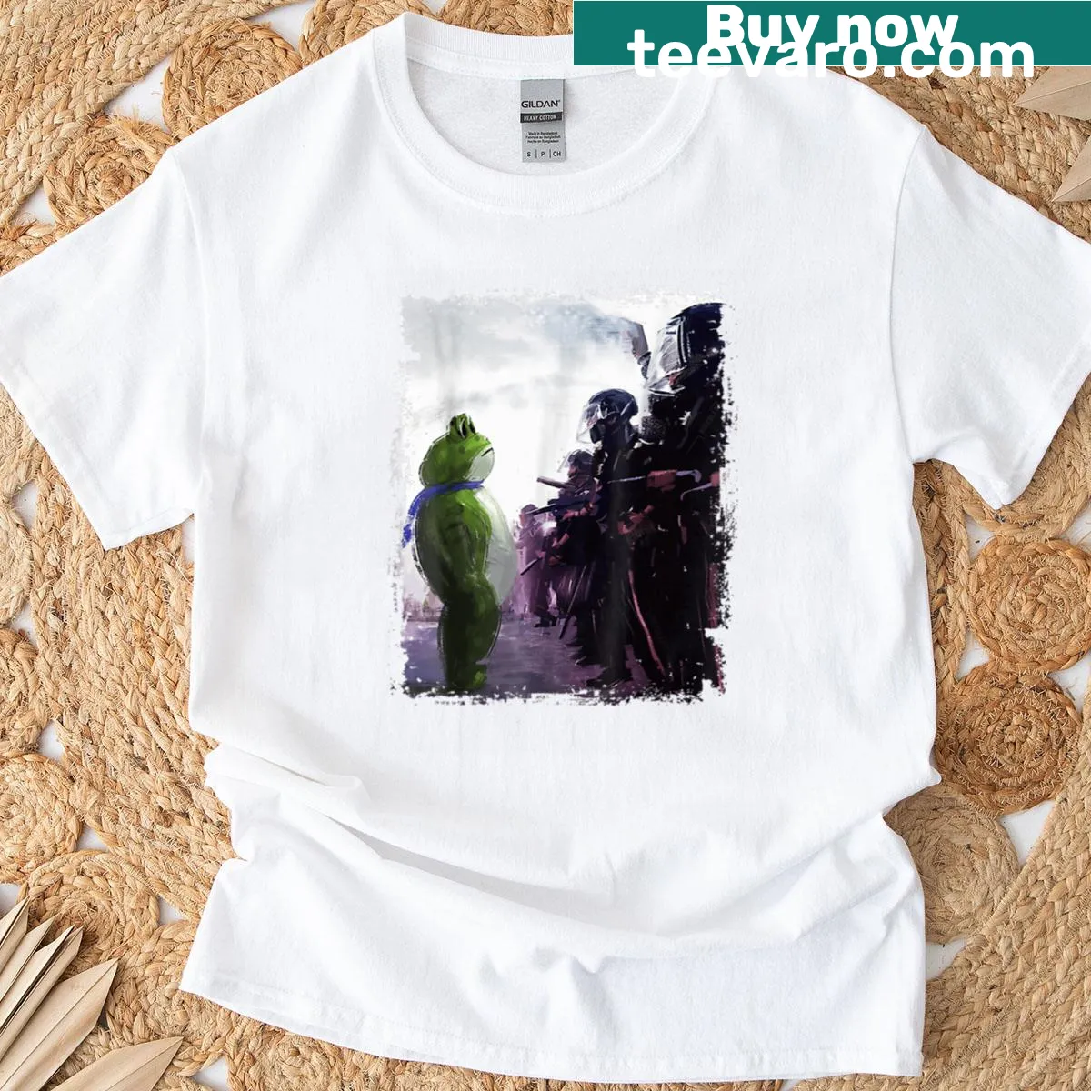 Illustration of a protest frog on a T-shirt — on a men's t-shirt