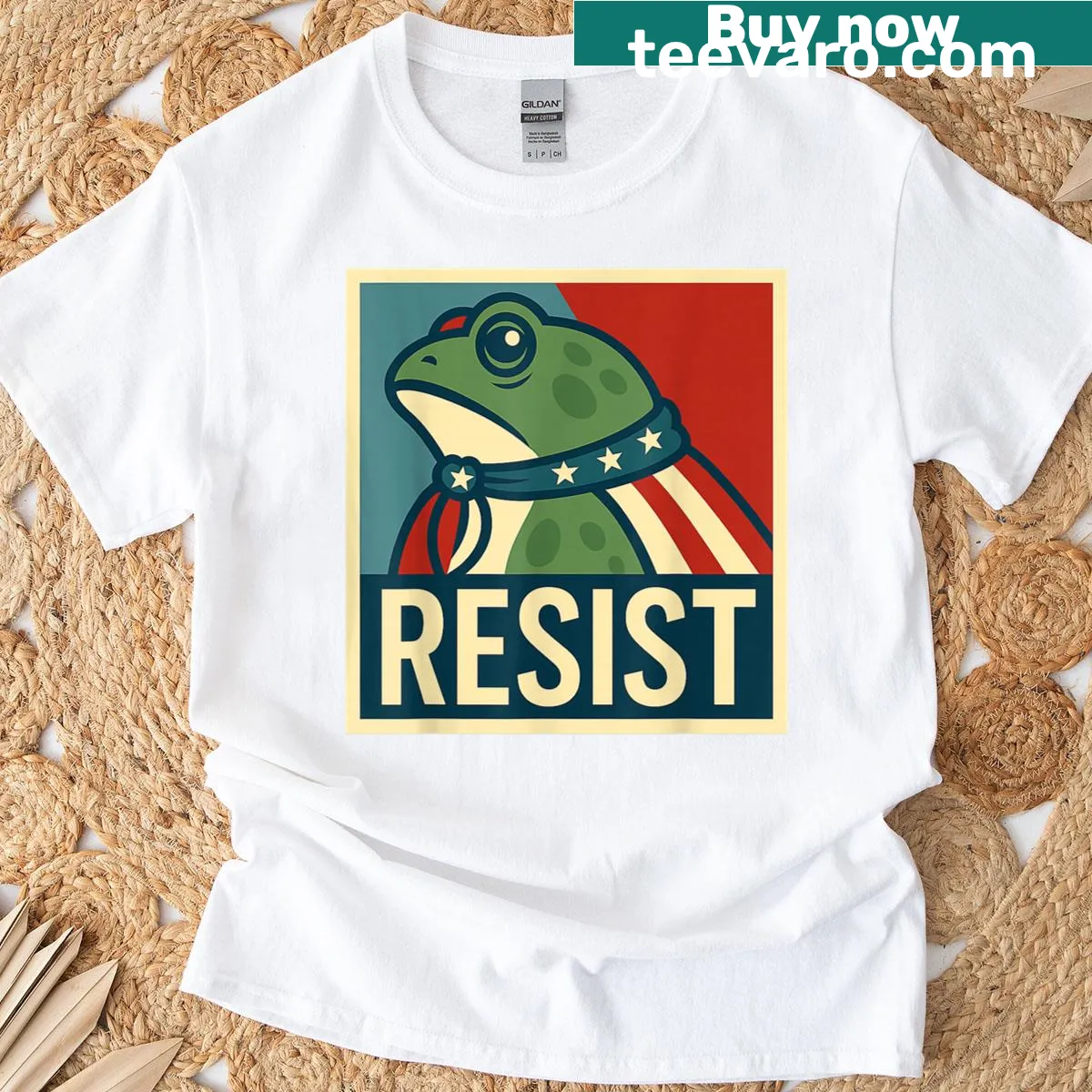 Illustrative frog graphic promoting democracy T-shirt — on a men's t-shirt