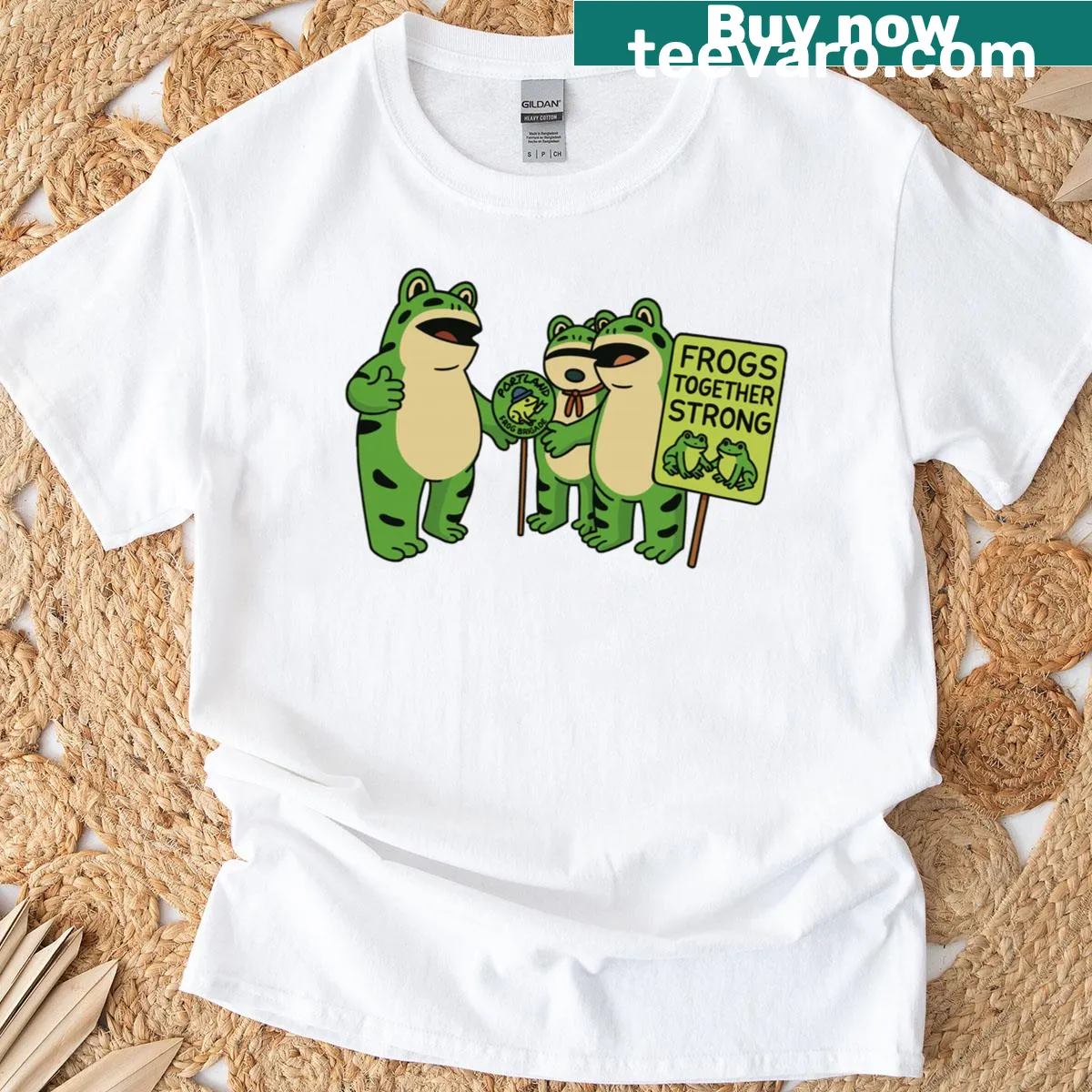 Vintage-style frog graphic with the phrase Strong Together — on a men's t-shirt