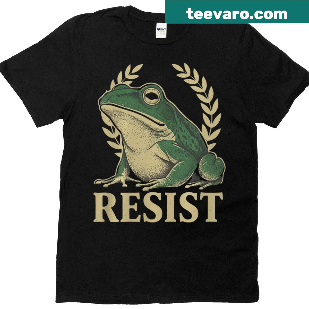 Illustration of a frog on a protest-themed T-shirt — on a men's t-shirt