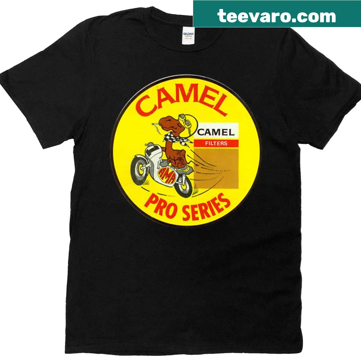 Vintage-style oversized T-shirt featuring camel racing graphic — on a men's t-shirt