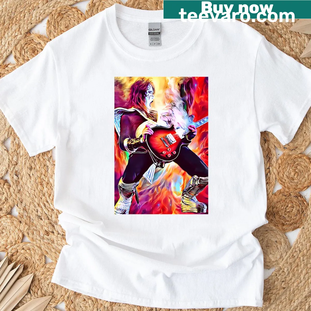 Psychedelic rock guitarist surrounded by fire art illustration T-shirt — on a men's t-shirt