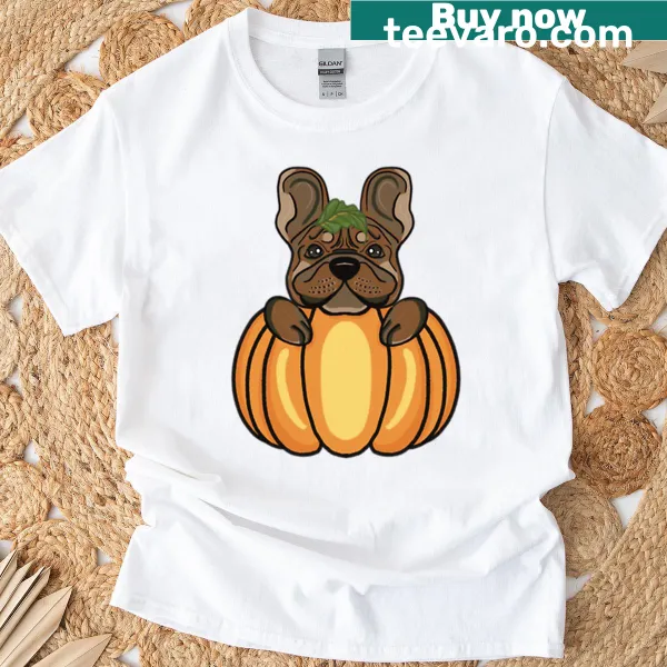 Cartoon Pumpkin Frenchie graphic on a t-shirt