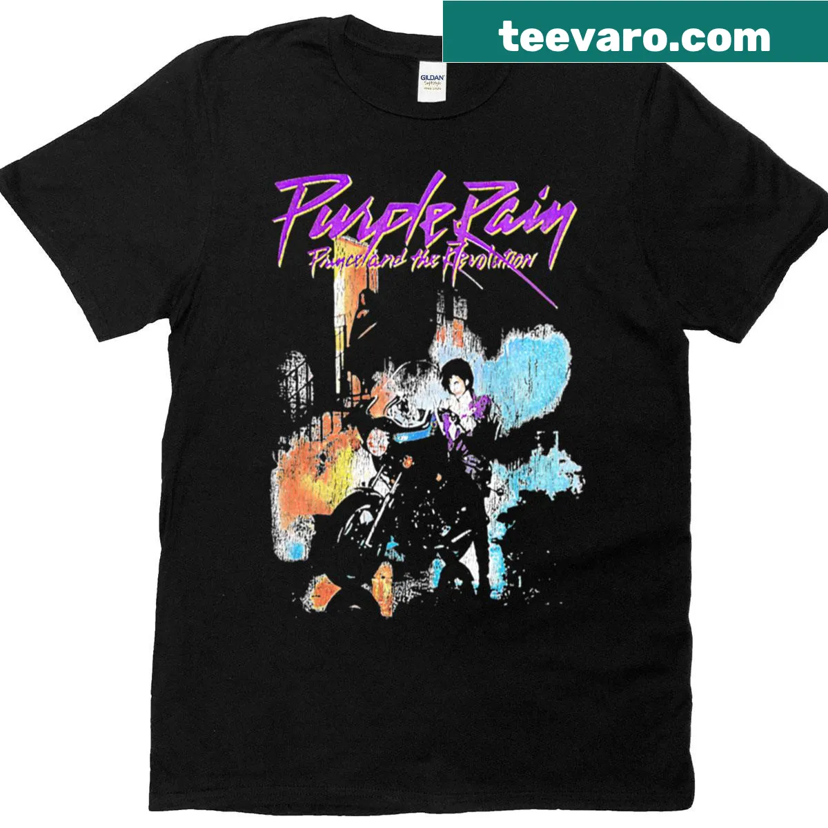 Vintage-style Purple Rain graphic t-shirt — on a men's t-shirt