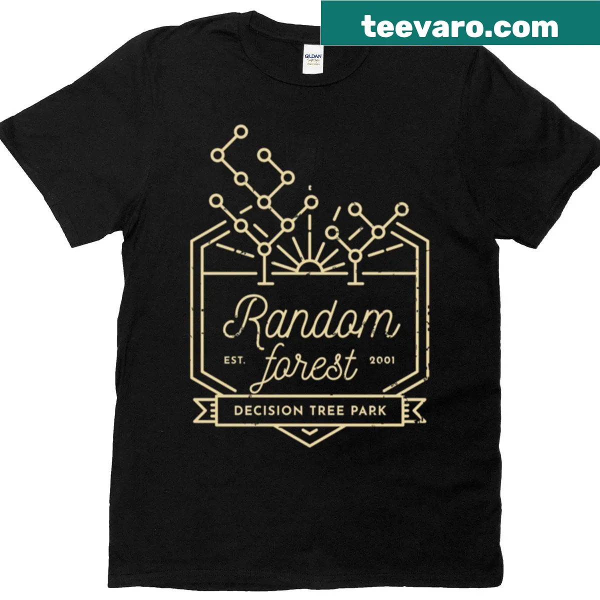 Minimalist silhouette t-shirt featuring a forest design with yellow lines — on a men's t-shirt