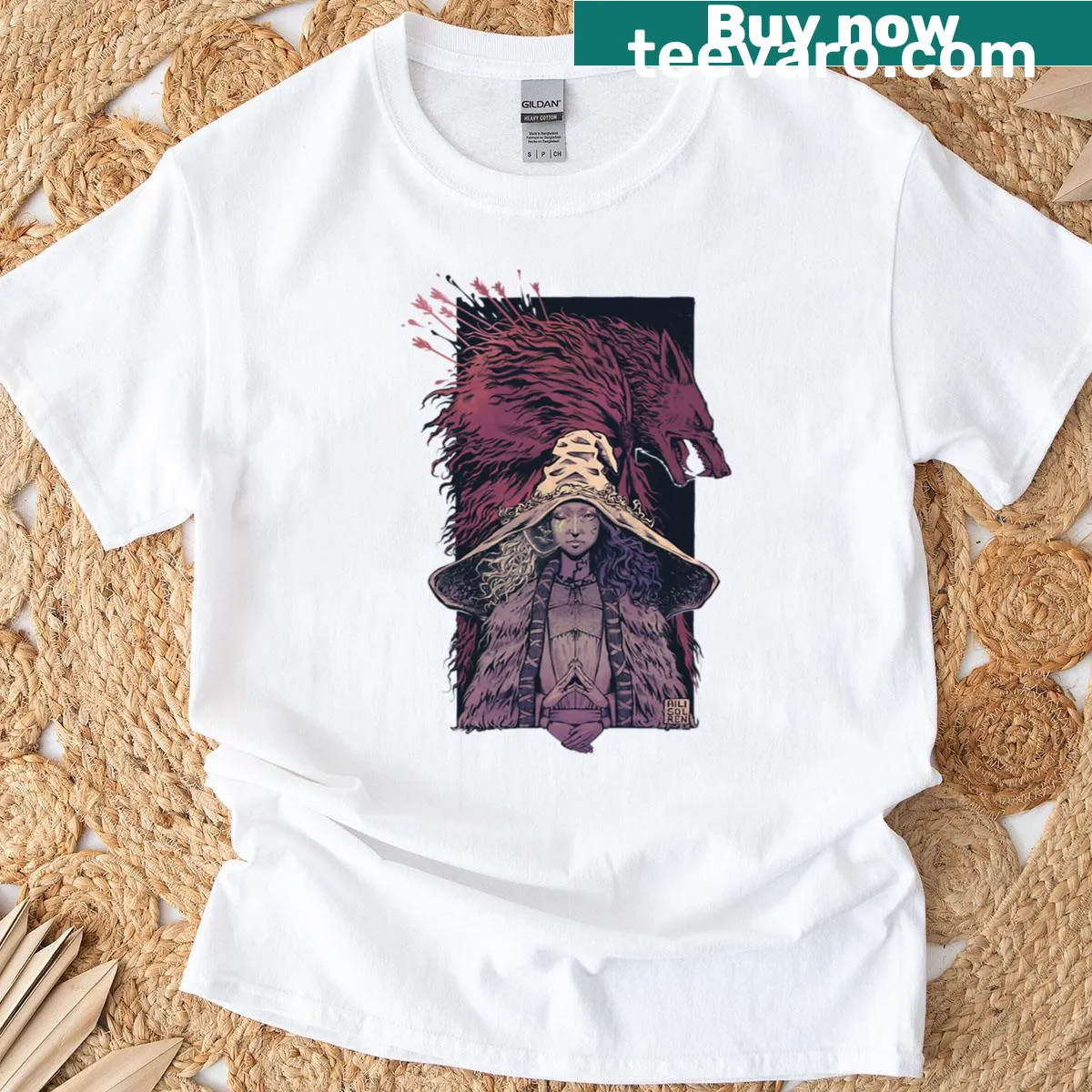 Illustration of Ranni and her shadow in a fantasy design — on a men's t-shirt