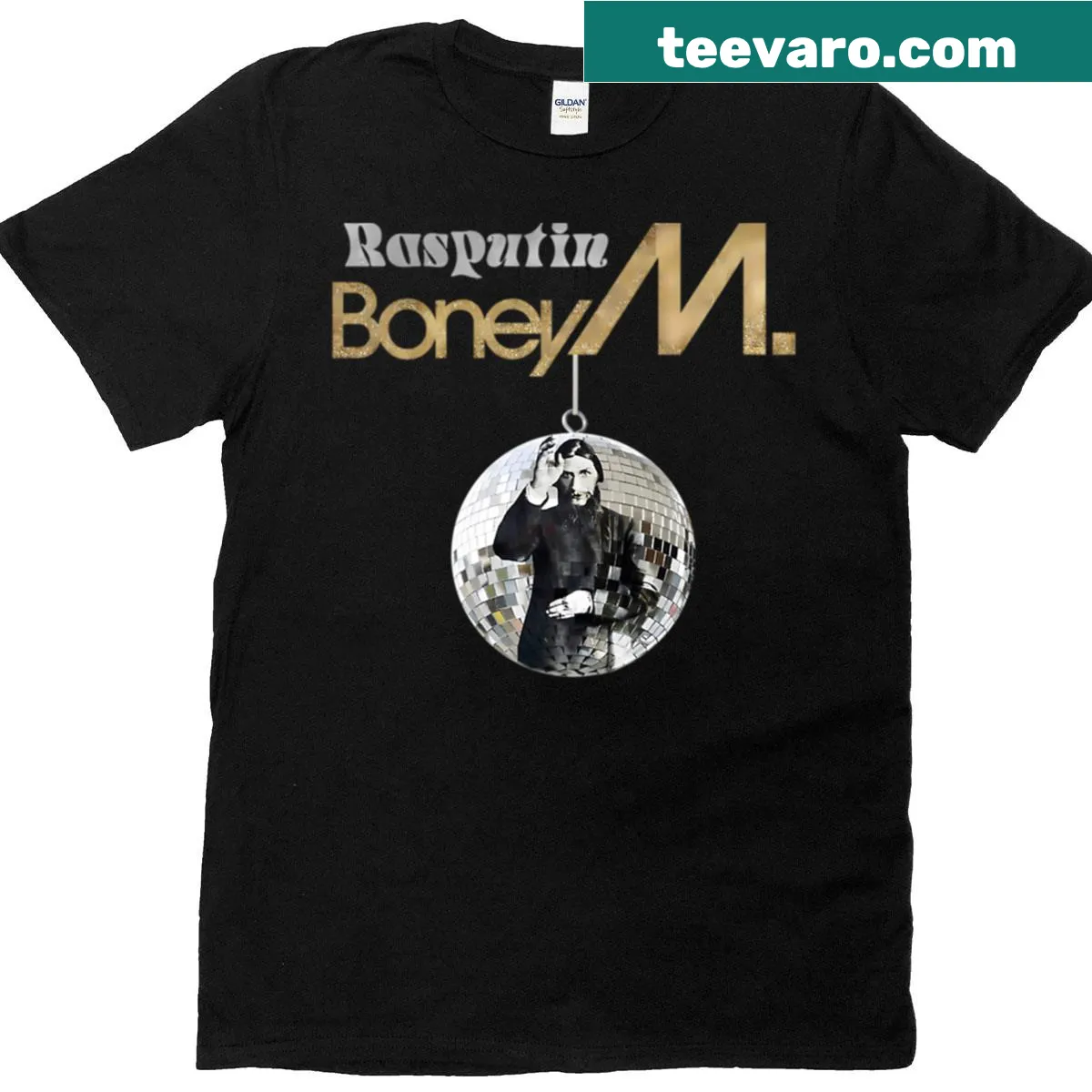 Typography design referencing Boney M's Rasputin song on a T-shirt — on a men's t-shirt